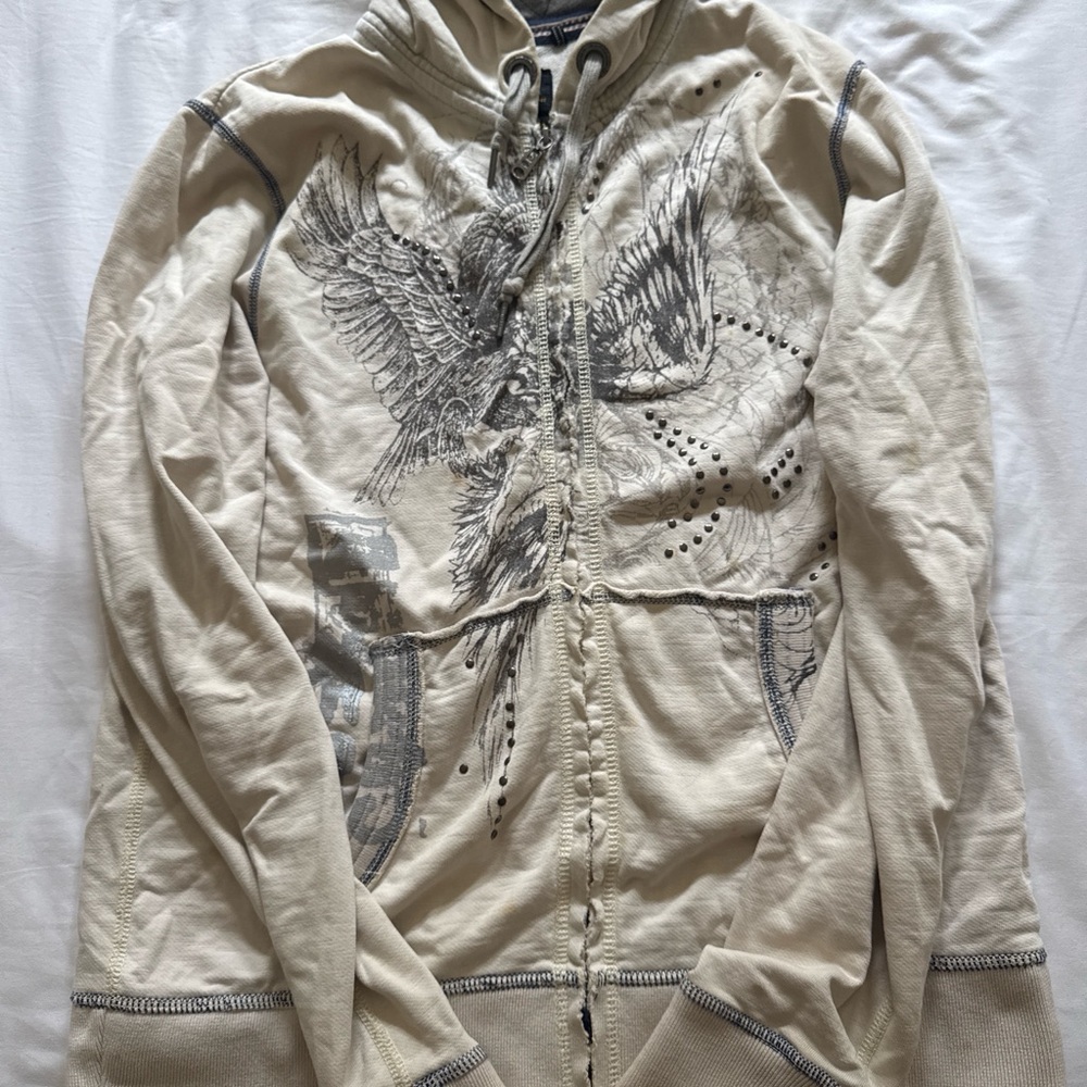 Buffalo David Bitton Cream and Gray Zip Hoodie with Embroidered Crest